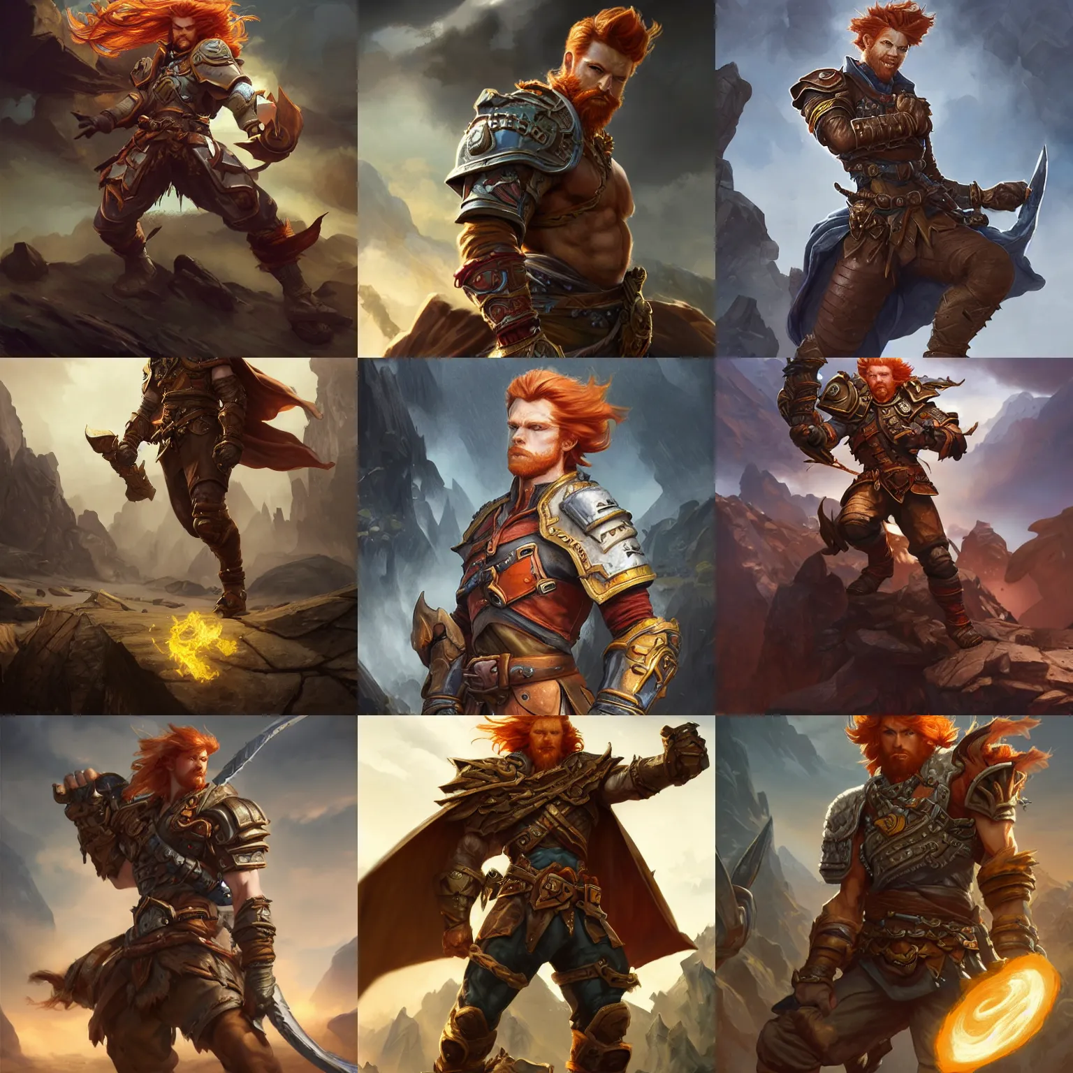 Prompt: character, strong fighter in leathers, ginger hair, male, dynamic action pose, D&D, fantasy, intricate, rugged, stern expression, highly detailed, digital painting, artstation, octane render, concept art, matte, sharp focus, illustration, hearthstone, art by Artgerm and Greg Rutkowski and Alphonse Mucha