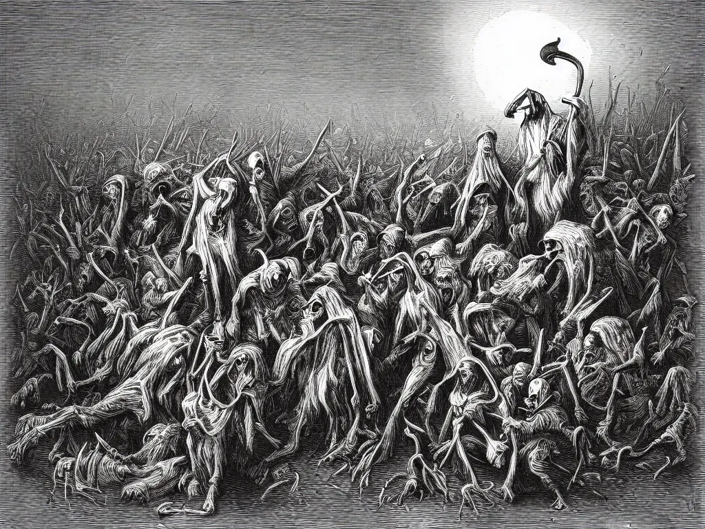 Image similar to the grim reaper tormenting mushroom people. Fine art engraving by Gustave dore. 1868.