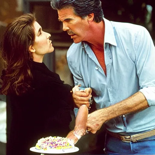 Image similar to tabloid photograph showing pierce brosnan forcing a skinny woman to eat cake against her will