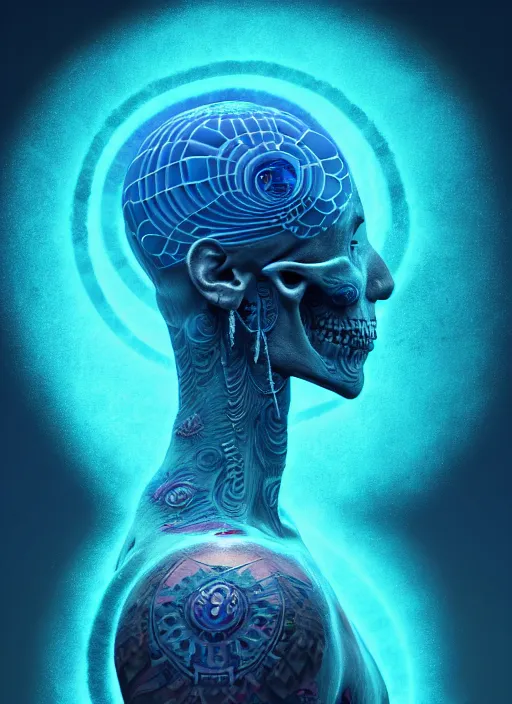 Image similar to 3 d shaman with tattoos profile portrait, sigma 5 0 0 mm f / 5. beautiful intricate highly detailed skull. bioluminescent, plasma, frost, water, wind, creature, gradient background, thunderstorm! artwork by tooth wu and wlop and beeple and greg rutkowski, 8 k trending on artstation,