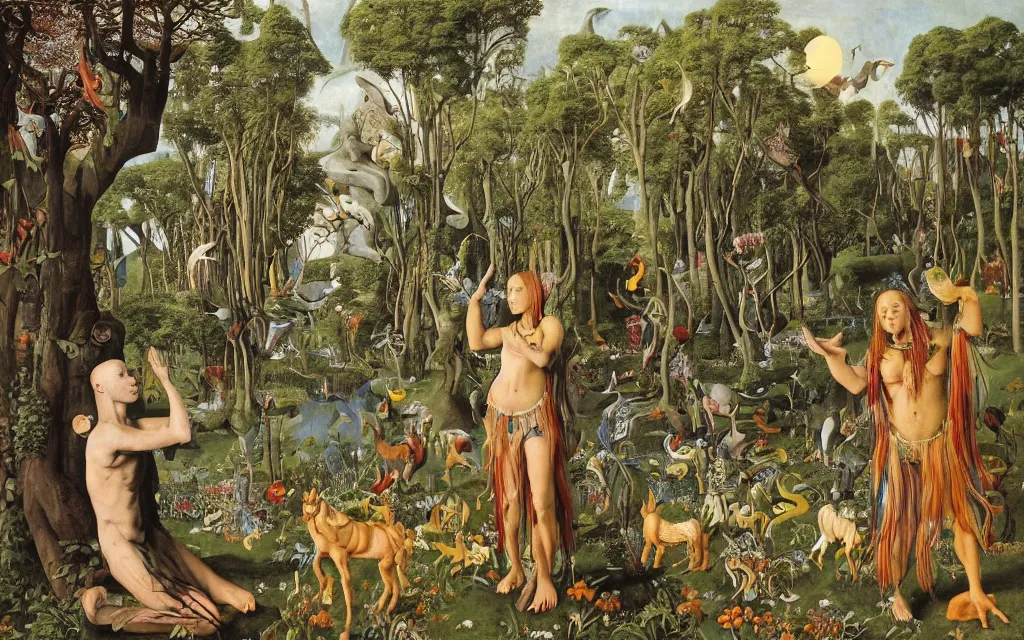 Prompt: photograph of a meditating centaur shaman and a striped catgirl feeding animals. surrounded by bulbous flowers, animals and a few trees. river delta with rock cliffs under a blue sky full of burning stars. painted by jan van eyck, max ernst, ernst haeckel, ernst fuchs and artgerm. trending on artstation, trending on cgsociety
