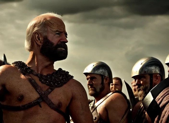 Image similar to film still of joe biden as leonidas in 3 0 0 movie, 8 k, epic moody sky, dramatic lighting