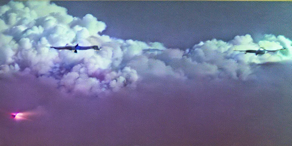 Image similar to combat drone strike war footage, ir, chromatic aberration!!!!!!!!!!!, broken camera colors, iridescent!!!!!!!!! saturated infrared camera, very high contrast, nuclear cloud, high angle vertical, inversed color, clouds, jpeg compression