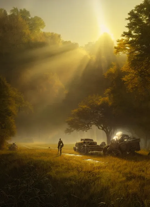 Image similar to rural wisconsin after robot apocalypse, mist, sunrays, dust in the air, dnd character, unreal engine, octane render, dramatic lighting, pond, digital art, by stanley artgerm lau, greg rutkowski, thomas kindkade, alphonse mucha, loish, norman rockwell,