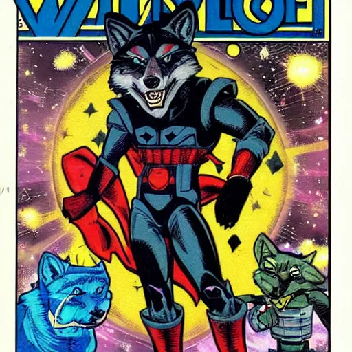 Image similar to 1 9 8 0 s comic book cover scan featuring a portrait of villain male wolf o'donnell anthropomorphic wolf furry fursona from starfox wearing a dark space mercenary uniform, dark grey wolf, handsome eyes, wolf o'donnell