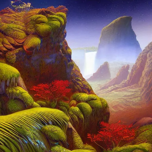 Image similar to digital painting of a lush natural scene on an alien planet by gerald brom. ultra sharp high quality digital render. detailed. beautiful landscape. colourful weird vegetation. cliffs and water.