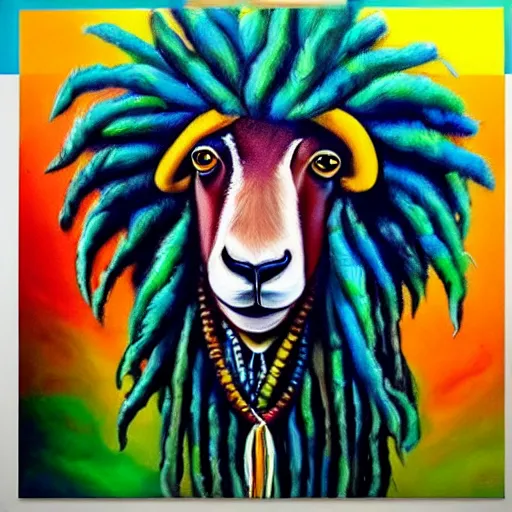 Prompt: a beautiful vibrant painting of a Rastafarian sheep with dreadlocks and a blunt, trending on artstation