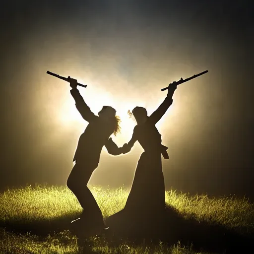 Prompt: <photograph lighting=spectacular rating=high>Vampires Dancing In the Sun Holding Guns</photograph>