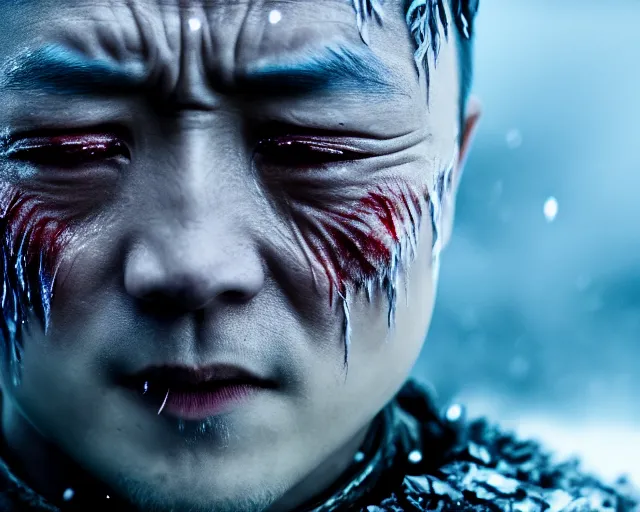 Image similar to justin sun as night king in game of thrones, extreme close - up of crying tears made of magic ice water, crimson - black bee army behind, 4 k, epic, cinematic, focus, movie still, fantasy, extreme detail, atmospheric, dark colour, sharp focus