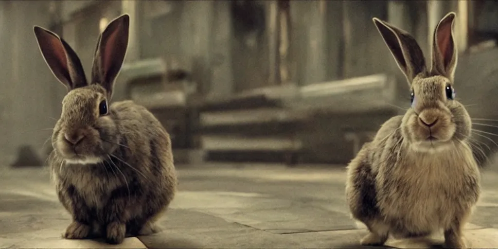 Prompt: a rabbit in the movie the batman screenshot