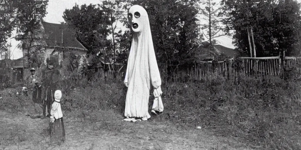 Image similar to scary unproportionable tall ghost creature in the middle of a village, 1900s picture