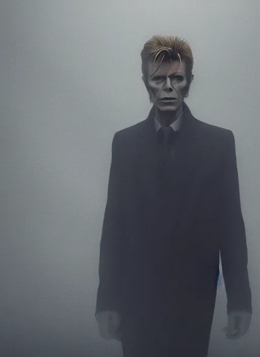 Image similar to david bowie in real life, face centered portrait of david bowie, confident, fog, rain, volumetric lighting, beautiful, golden hour, sharp focus, ultra detailed, cgsociety by leesha hannigan, ross tran, thierry doizon, kai carpenter, ignacio fernandez rios, noir art house, 4 k, 3 5 mm, fujifilm