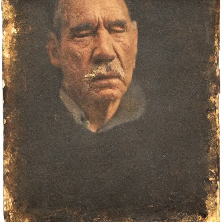 Prompt: tinted Antique tintype of Beautiful warmly lit close up expressionistic studio portrait of very angry! My father with his long eyebrows and perfectly straight nose singing angrily!, impasto oil painting heavy brushstrokes by Cy Twombly and Anselm Kiefer , trending on artstation dramatic lighting abstract Expressionism