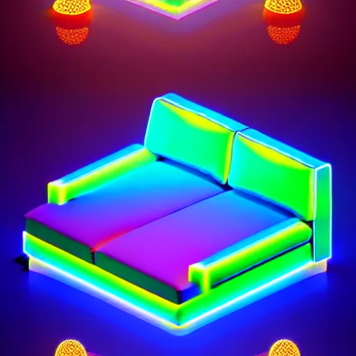 Image similar to isometric object is a low poly isometric sofa with alien aesthetic inspired by pandora in the avatar movie, it has bioluminescent plants growing on top of it, beautiful neon orange - yellow with blue hints and it's bedecked with some sparkling crystals all over the place. black background, night isometric artstation neon. behance, pinterest