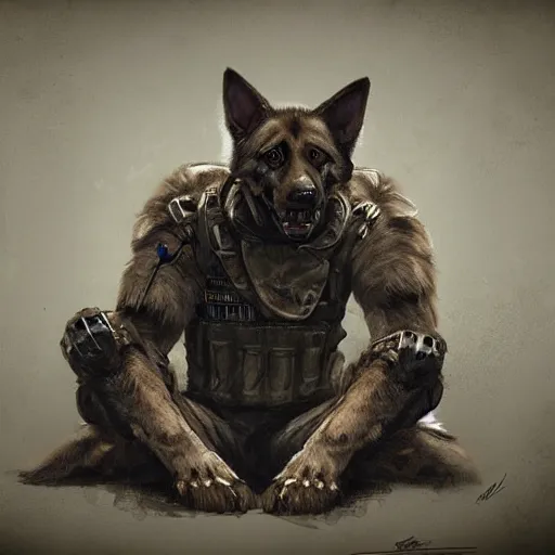 Image similar to a wounded humanoid german shepherd beast - man in military style, sitting on the carpeted floor beside a bed, highly detailed portrait, digital painting, artstation, concept art, smooth, sharp foccus ilustration, artstation