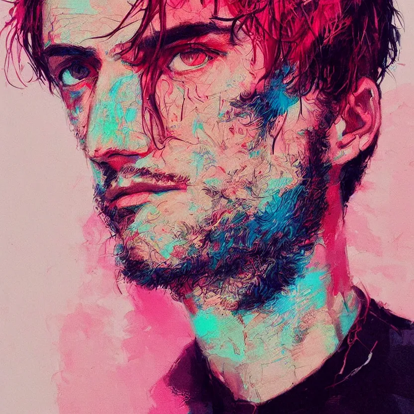 Image similar to close up portrait painting of a male musician in nineties street styling, concept art, intricate details, aesthetically pleasing pastel colors, art by conrad roset, impressionism, portrait