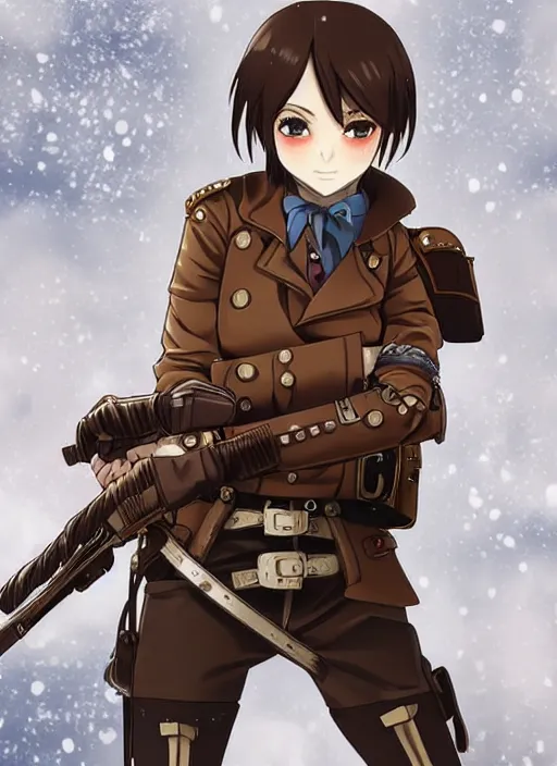 Prompt: girl with steampunk weapons and uniform, serious, intense, finely detailed, full body portrait, illustration, snow, snowing, cloudy, anime, side view, perfect anime face, realistic face, zoomed out, smooth, brown eyes, high waisted shorts, sharp focus, key visual of attack on titan