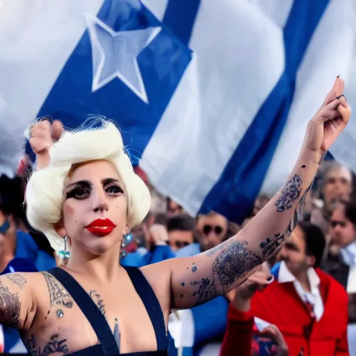 Image similar to Lady Gaga as president, Argentina presidential rally, Argentine flags behind, bokeh, giving a speech, detailed face, Argentina