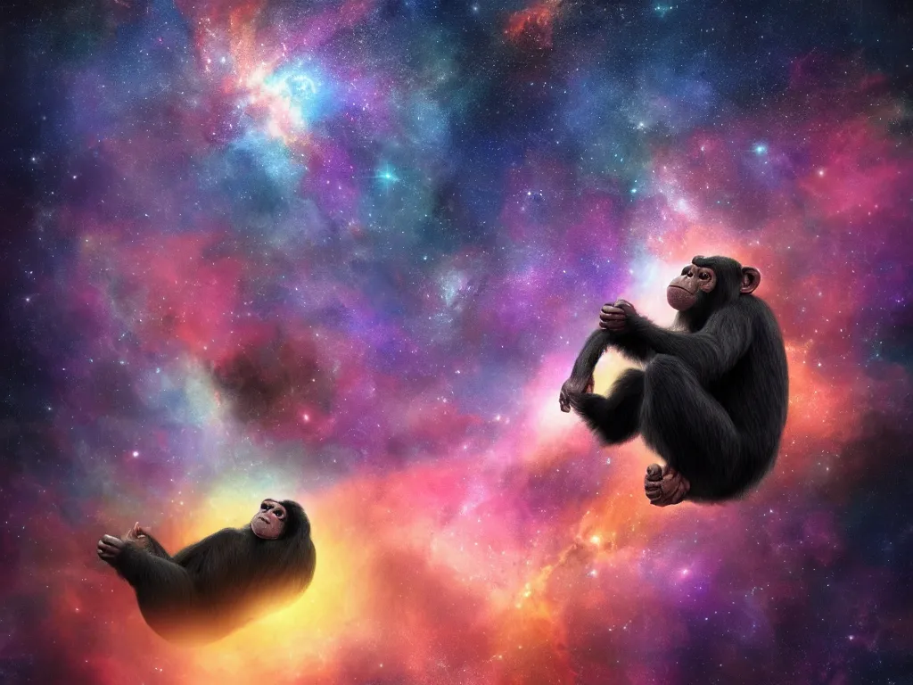 Image similar to a chimpanzee floating through outer space reaching out and touching nebula with it's finger, digital art, concept art, DeviantArt, art station illustration highly detailed artwork cinematic hyper realistic