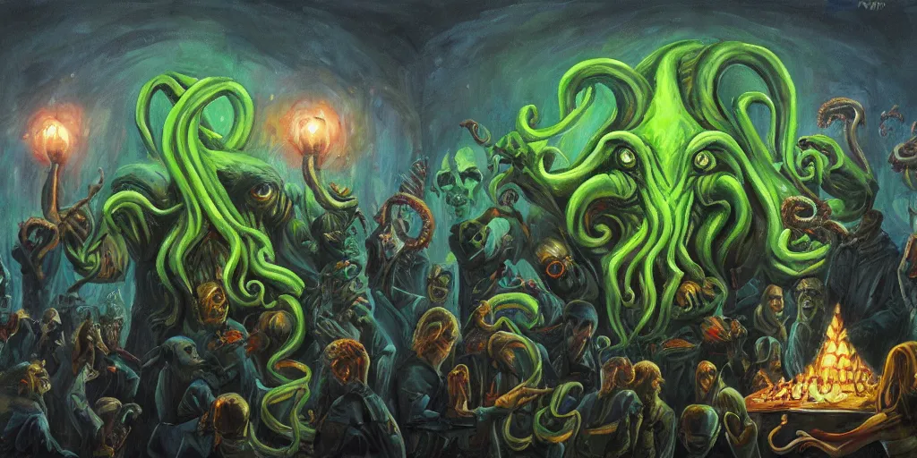 Prompt: cthulhu's birthday party, 4k, oil painting, trending on artstation