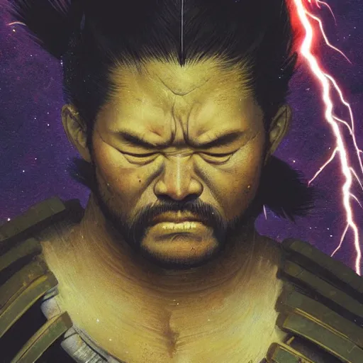 Prompt: UHD Closeup of constipated Samurai in a cosmic lightning storm on top of a mountain, painted in the style of Greg Rutkowski, Ferdinand Knab, and Todd McFarlane