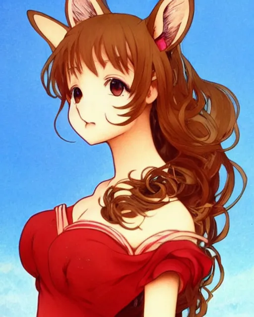 Prompt: A cute frontal fullbody painting of a beautiful anime skinny foxgirl with curly brown colored hair and fox ears on top of her head wearing a cute red dress with rose symbolic sitting on the stone looking at the viewer, elegant, delicate, soft lines, higly detailed, smooth , pixiv art, ArtStation, artgem, art by Gil Elvgren alphonse mucha and charles reid, high quality, digital illustration, concept art