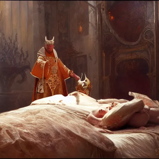 Image similar to the pope is in his bed, scared, because a horned demon is attacking the pope. highly detailed painting by gaston bussiere, greg rutkowski, craig mullins 8 k