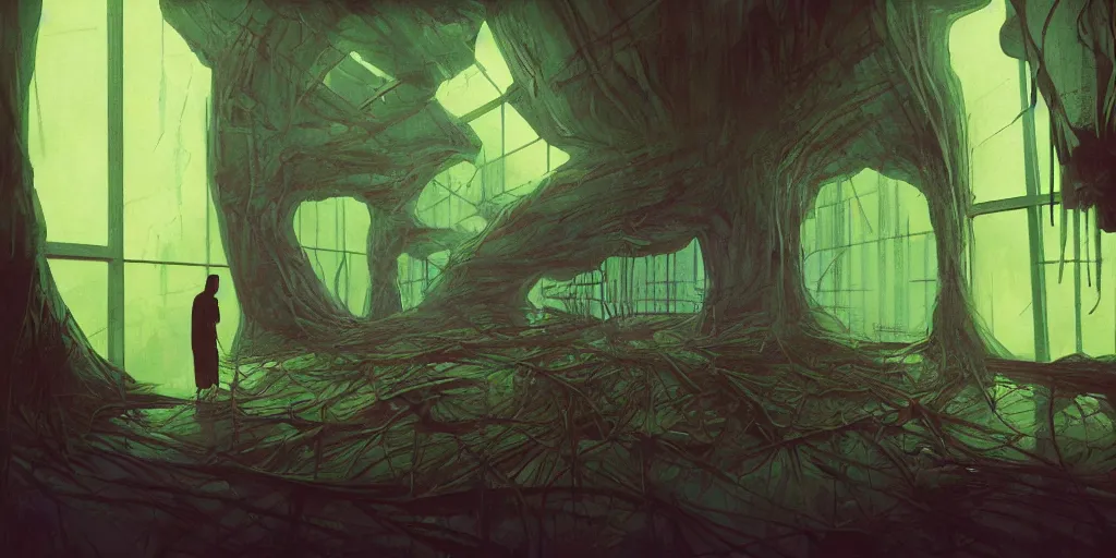 Prompt: 90s interior with organic windows, forest outside, in the style of Peter Chung, figures, bright fluorescent lights, neon colors, cinematic, cyberpunk, smooth, chrome, lofi, nebula, calming, dramatic, fantasy, by Moebius, by zdzisław beksiński, fantasy LUT, studio ghibli, high contrast, epic composition, sci-fi, dreamlike, surreal, angelic, 8k, unreal engine, hyper realistic, fantasy concept art,