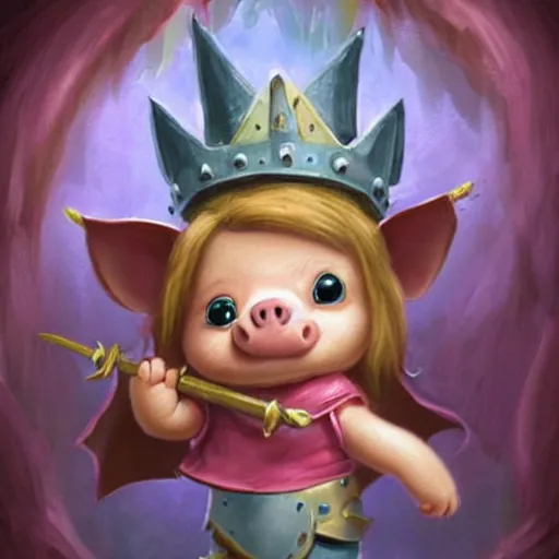 Prompt: cute little cartoonish anthropomorphic piglet warrior princess wearing a cape and a crown, fantasy forest, caricature, tiny, small, miniature pig, baby animal, short, pale blue armor, cute and adorable, pretty, beautiful, DnD character art portrait, matte fantasy painting, DeviantArt Artstation, by Jason Felix by Steve Argyle by Tyler Jacobson by Peter Mohrbacher, cinematic lighting