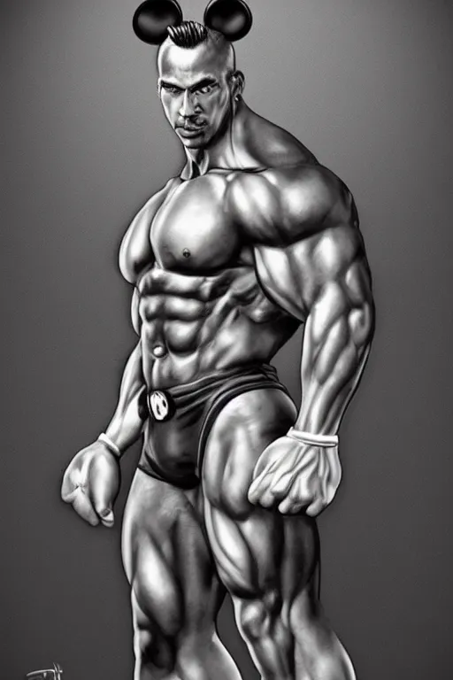 Image similar to muscular mickey mouse, mickey mouse bodybuilder, photorealistic, highly detailed,