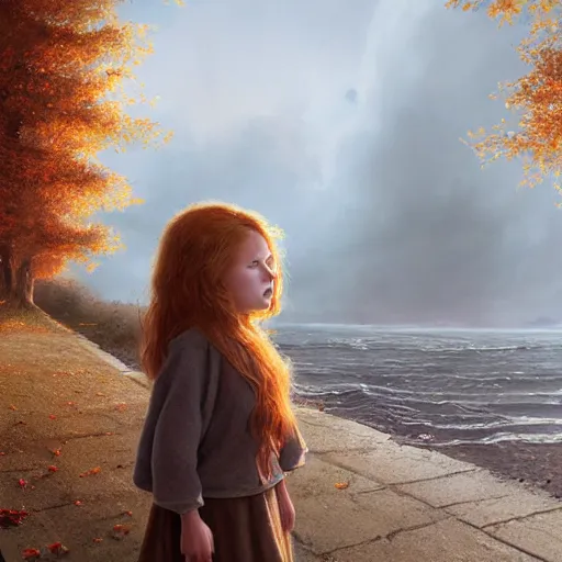 Image similar to 5 year old girl with long ginger hair. 2 year old girl with light brown hair. windy autumn day. warm atmospheric lighting. matte painting by greg rutkowski.