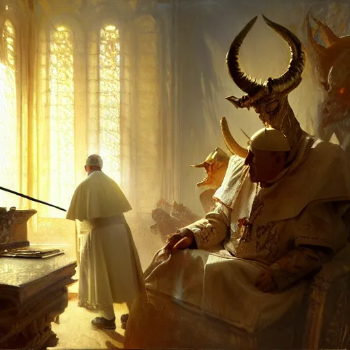 Image similar to the pope is in his bedroom, terrified because a horned demon is attacking him. highly detailed painting by gaston bussiere, greg rutkowski, craig mullins 8 k