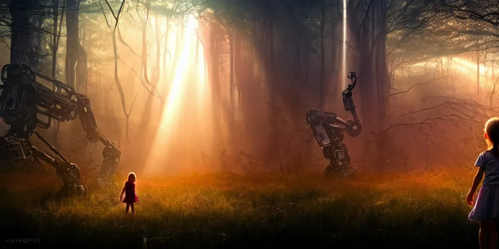 Prompt: sci - fi scene future new york, little girl holding a hand of a big robot, forest punk, crepuscular rays, epic scene, hyper realistic, photo realistic, overgrowth, cinematic atmosphere, ethereal lighting,