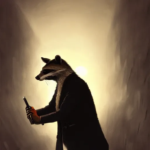 Image similar to a racoon wearing a suit smoking a cigar, dramatic lighting, cinematic, establishing shot, extremly high detail, photorealistic, cinematic lighting, artstation, style by James Gurney