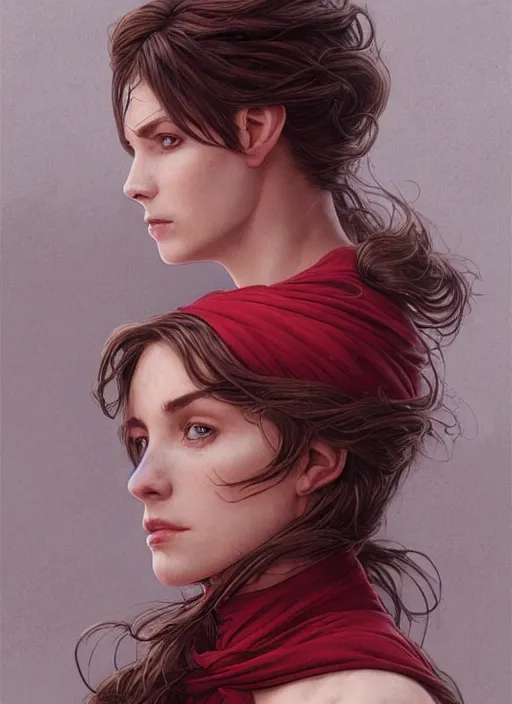 Image similar to vertical portrait of a ruggedly handsome female cleric, soft hair, close - up face, leather, witchy, d & d, fantasy, intricate, elegant, highly detailed, digital painting, artstation, concept art, smooth, sharp focus, illustration, art by artgerm and greg rutkowski and alphonse mucha, plain red background