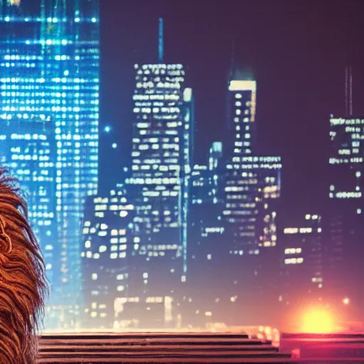 Image similar to a still of Chewbacca, studio lighting, 4K. Shallow depth of field. City at night in background, lights, colors.