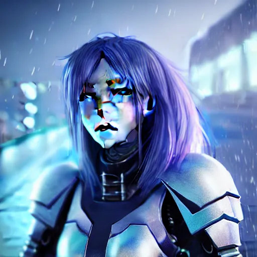 Image similar to An hyperrealistic portrait painting of a cyber warrrior girl, blue and ice silver color armor, ultradetailed face expression by WLOP and Nixeu, cyberpunk color feel raining at tokyo midnight rooftop, unreal 5, DAZ, 8k, hyperrealistic, octane render, cosplay, RPG portrait, final fantasy artwork concept, dramatic lighting, rim lights, PS5 render quality