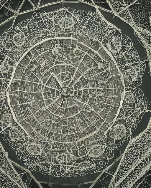 Prompt: orbital space station, made of intricate decorative lace leaf skeleton, shot from a drone, in the style of the dutch masters and gregory crewdson, dark and moody