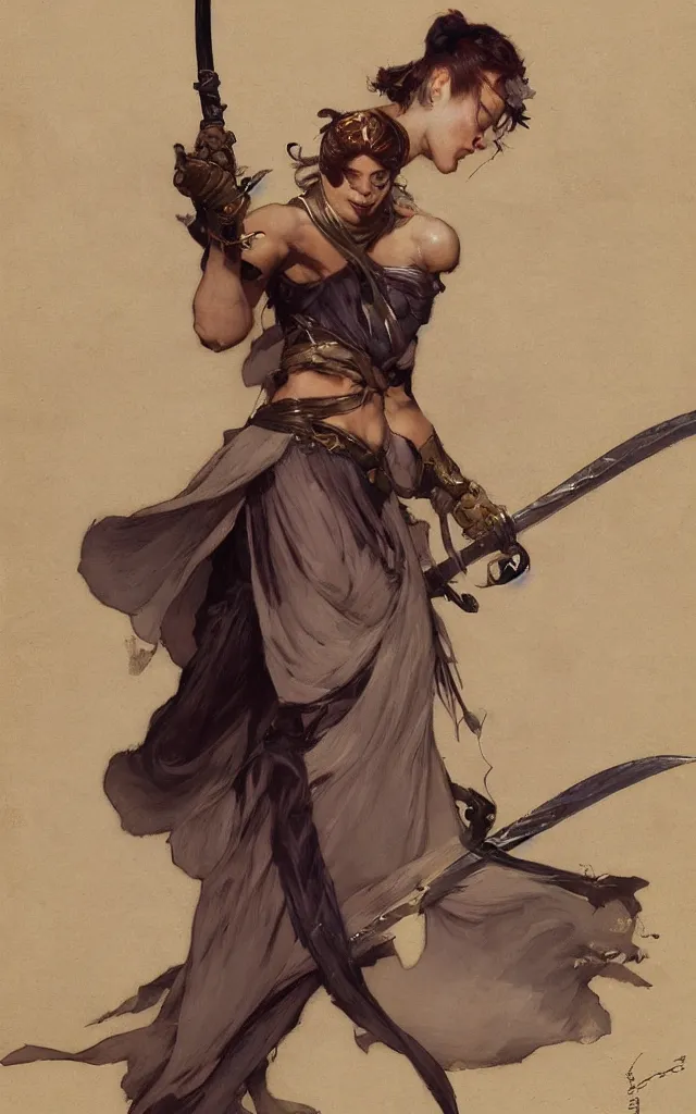 Prompt: modern elegant female ninja, with large sword, feminine, powerful, beautiful, upper body, muscular arms and abdominals, wide leg hakama trousers, highly detailed, by gaston bussiere, mucha, gerome, craig mullins, greg rutkowski, john singer sargent