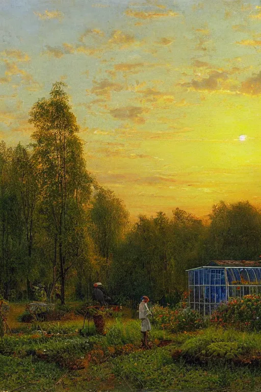 Image similar to greenhouse with harvest at sunrise painting by ivan shishkin