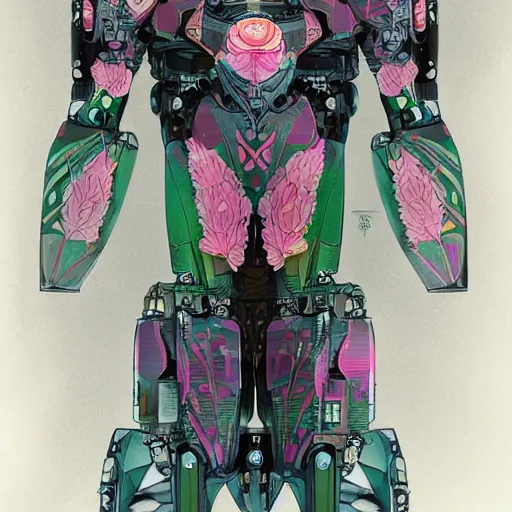 Prompt: symmetry, waterlily mobile combat suit floral robot, biomechanical, waterlily mecha nymphaea, detailed illustration, concept art, smooth, sharp focus, art by frank lloyd wright