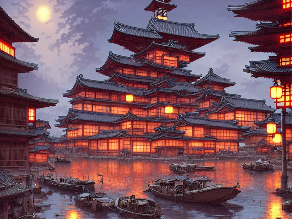 Image similar to old japanese town viewed from harbor, d & d digital painting, intricate details, ultra realistic, beautiful, volumetric lighting, warm colors advance, cell shading, by james jean, greg rutkowski, gerald brom, wlop