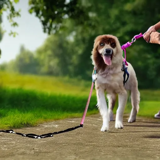 Prompt: Photorealistic picture of a dog taking his human out for a walk on a leash