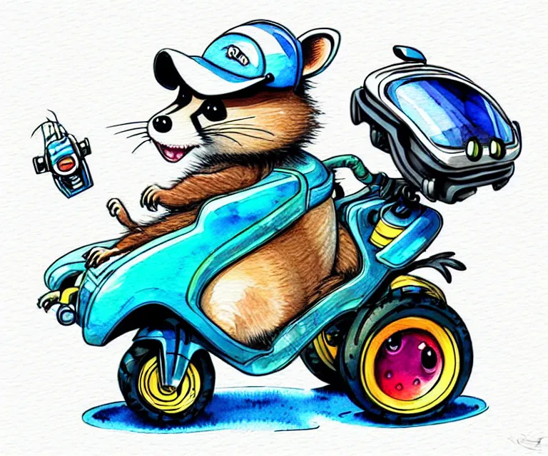 Image similar to cute and funny, racoon wearing a helmet riding in a tiny motorized wheelchair, ratfink style by ed roth, centered award winning watercolor pen illustration, isometric illustration by chihiro iwasaki, edited by range murata