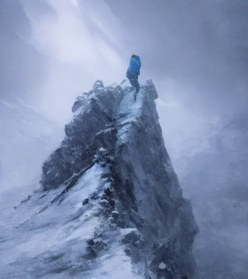 Prompt: a climber climbs a snowy mountain in a storm, portrait, close view, painting by craig mullins, octane rendering, soft morning lighting, wide angle lens, in the style of hayao miyazaki, trending on artstation,