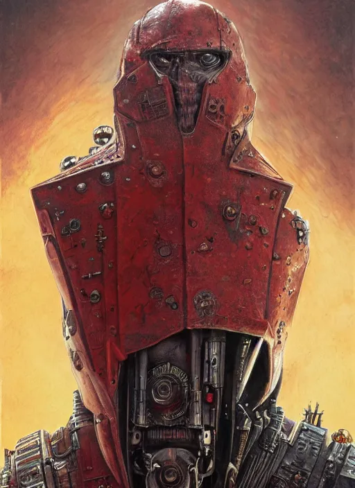 Image similar to portrait of rotten Nicolas Cage as adeptus mechanicus in red hood and robe from Warhammer 40000. Highly detailed, artstation, illustration by and John Blanche and zdislav beksinski and wayne barlowe