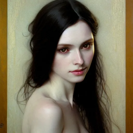 Image similar to Portrait of a beautiful, pale skin, female with long black hair, dark, piercing eyes, gentle expression, elegant clothing, photorealistic, highly detailed, artstation, smooth, sharp focus, art by Klimt, artgerm, Greg Rutkowski and Alphonse Mucha