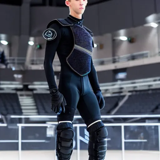 Image similar to medium face shot of adult Austin Butler dressed in black-prussian blue futuristic-tudoresque clothing with embroidered-Ram-emblem, and nanocarbon-vest, in an arena in Dune 2021, XF IQ4, f/1.4, ISO 200, 1/160s, 8K