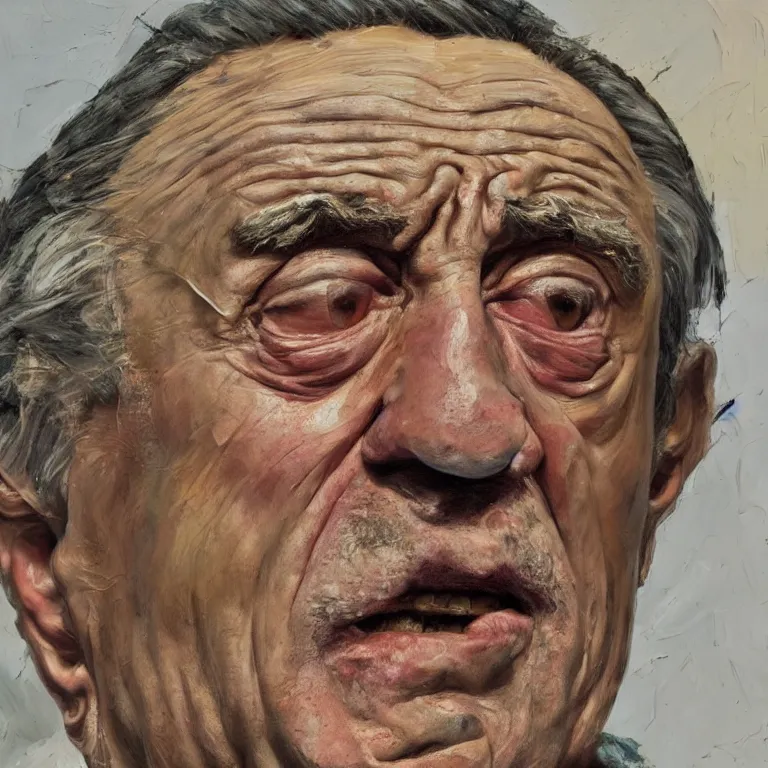 Image similar to close up studio portrait of aging old Robert De Niro age 115 wrinkled angry, impasto oil painting thick brushstrokes by Lucian Freud and Tim Hawkinson and Cy Twombly, trending on artstation Studio lighting Expressionism