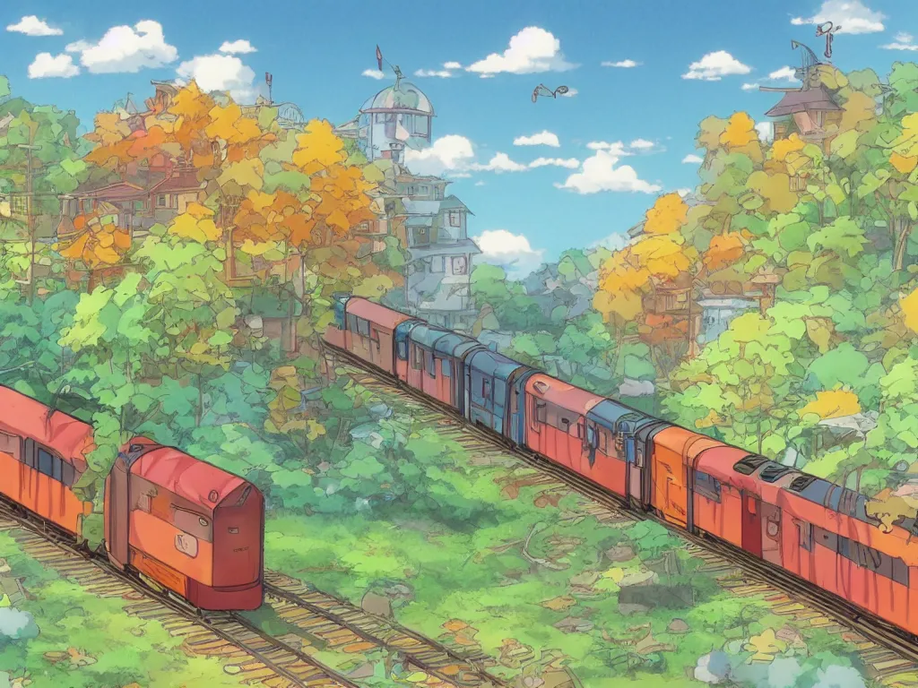 Prompt: sideview of a anime train, illustration, autumn light, colorful, beautiful, inspired by studio ghibli, inspired by hayao miyazaki, concept art, manga, cute and adorable